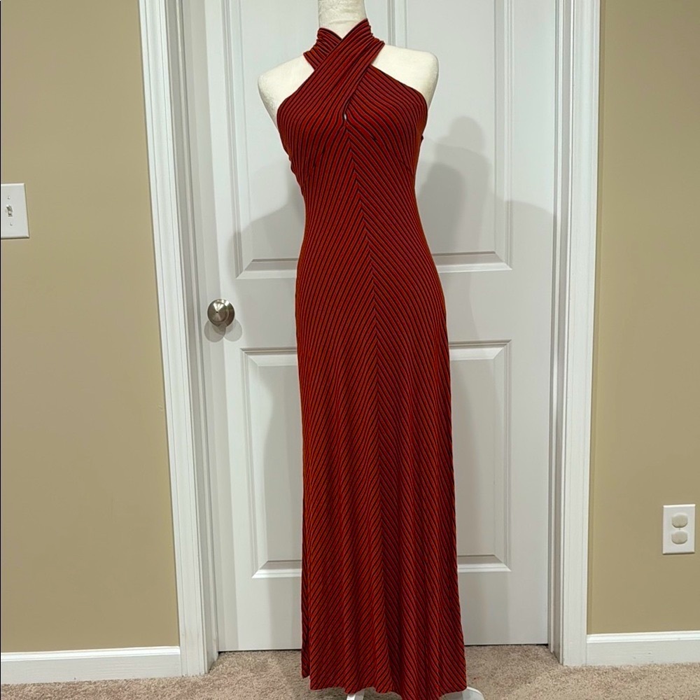Elegant Burnt Orange Halter Sheath Maxi Dress